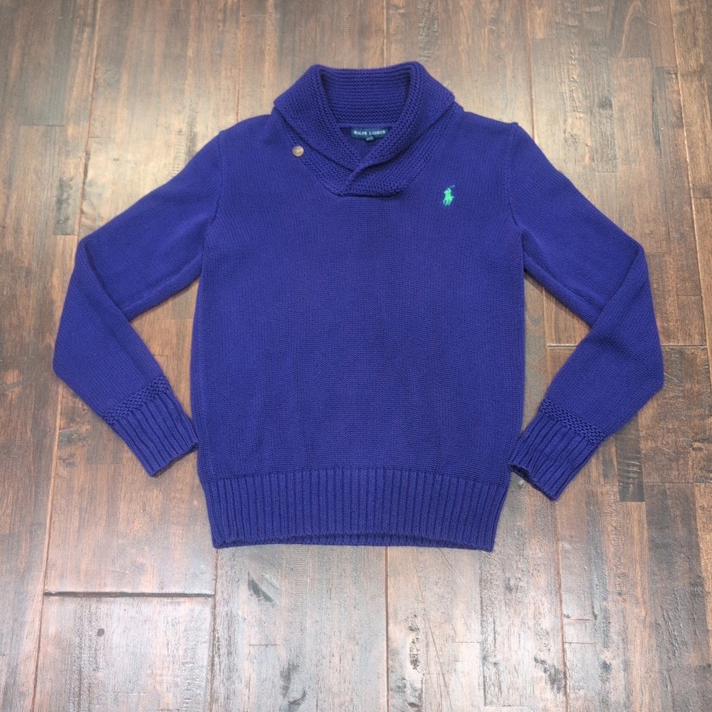 Ralph Lauren Shawl Collar‎ Sweater Blue Green Pony Logo Women Size M